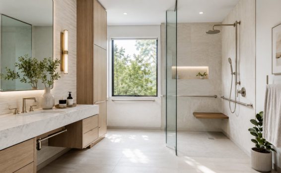 Modern, accessible bathroom features bathroom safety upgrades for seniors, including a walk-in shower with grab bars and a bench, double sink vanity with marble countertop, light wood cabinetry, and stylish touches like a plant, towels, and wall art.