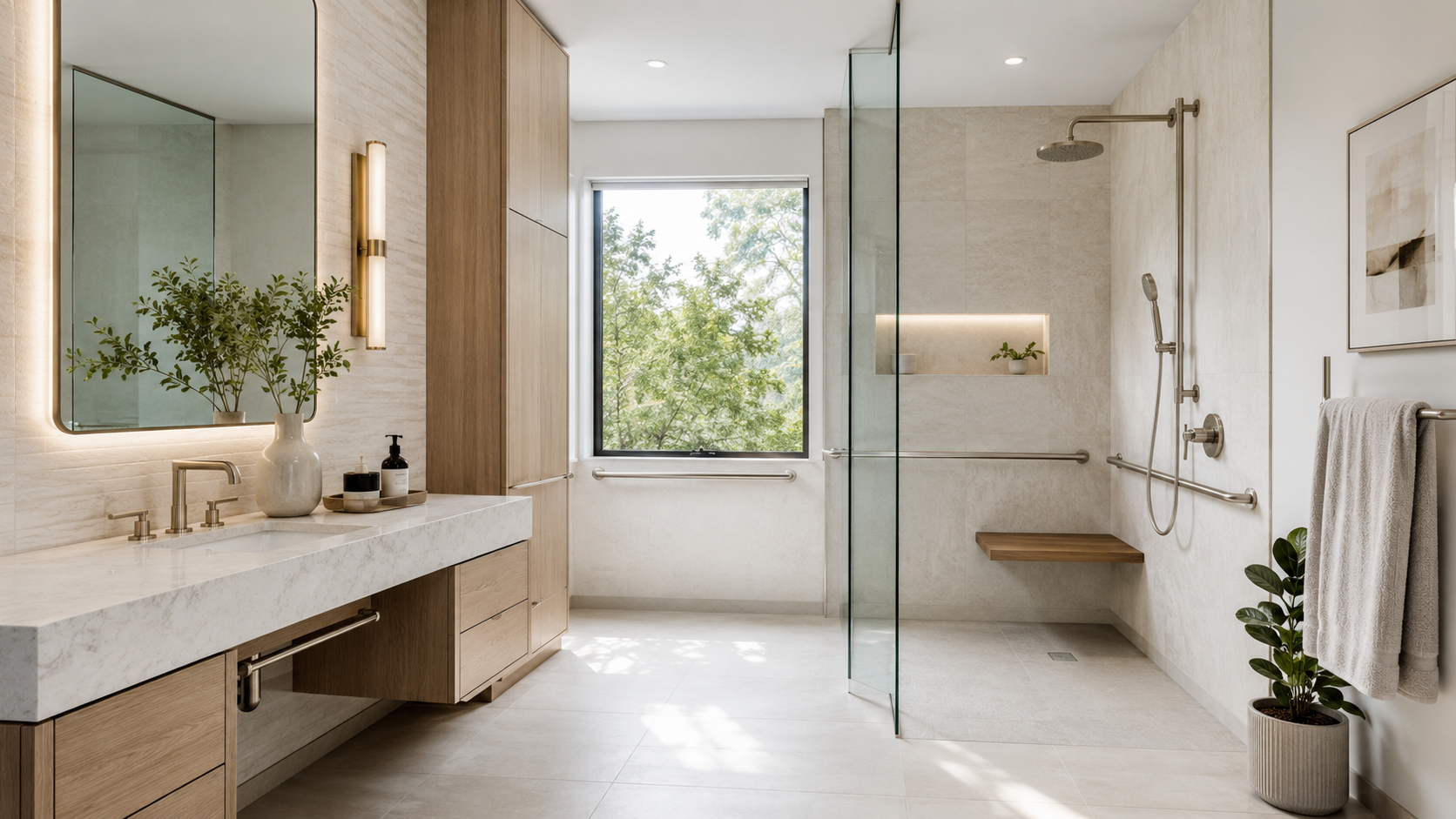 Modern, accessible bathroom features bathroom safety upgrades for seniors, including a walk-in shower with grab bars and a bench, double sink vanity with marble countertop, light wood cabinetry, and stylish touches like a plant, towels, and wall art.