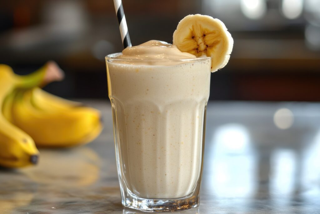 A creamy peanut butter banana smoothie in a clear glass with a black and white striped straw and a banana slice on the rim, set on a marble surface with bananas in the background.