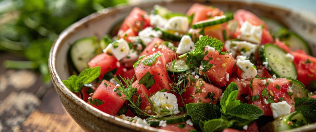 A close-up of a fresh watermelon cucumber salad in a bowl, featuring juicy watermelon cubes, crisp cucumber slices, feta cheese, mint leaves, herbs, and a sprinkle of black pepper.