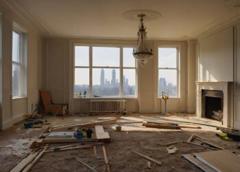 A spacious, sunlit room with large windows showing a city skyline is under renovation; construction materials and tools are scattered on the dusty floor, and a chandelier hangs from the ceiling.