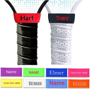 Two tennis racket handles with custom name bands, one red labeled Hart and one black labeled Tracy. Below are various colorful name bands with different names and customizable text options.