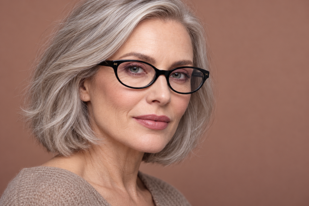 Confident older woman with gray hair, wearing stylish reading glasses for seniors and a beige sweater, looks at the camera with a gentle smile against a plain brown background.