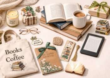 A cozy flat lay with books, an open notebook, a candle, a cup of coffee, reading glasses, an e-reader, bookmarks, a tote bag reading Books & Coffee, and small wrapped gifts on a cream surface.