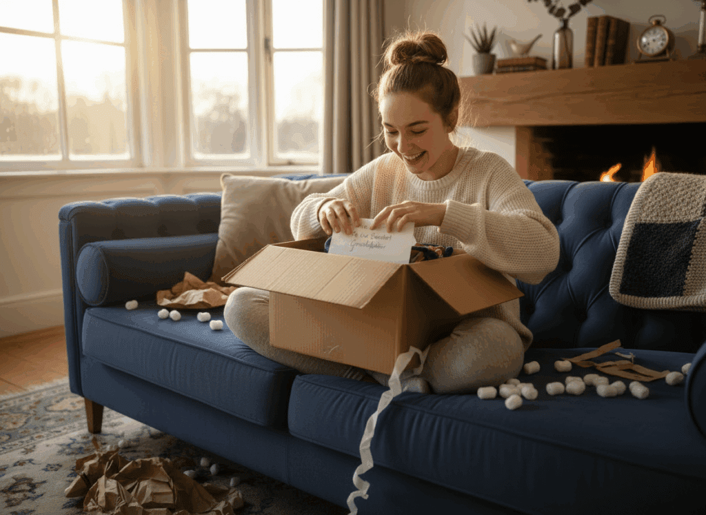 A young woman sits on a blue sofa, smiling as she opens a cardboard box—the perfect example of Long-Distance Grandparenting Tips to Stay Close—in a cozy living room with sunlight streaming through the windows.