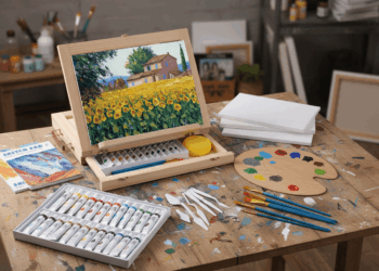 A wooden desk holds an open paint box with watercolor tubes, brushes, palette knives, a round palette with paint blobs, blank canvases, sketch pads, and a painting of a house and sunflowers on a small easel.