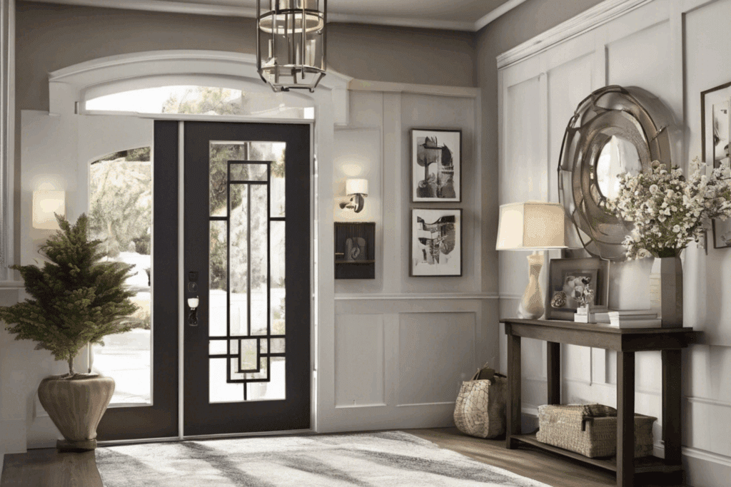 A modern entryway with a black geometric glass door, potted plant, wall art, console table with a lamp, round mirror, flowers, and baskets—all in neutral tones—offers stylish entryway ideas for seniors in soft natural light.