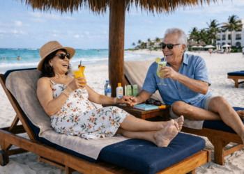An older couple relaxes on lounge chairs under a beach umbrella, laughing and holding colorful drinks. Enjoying the benefits of slow travel, they soak in the ocean view and palm trees while wearing summer clothes and sunglasses.