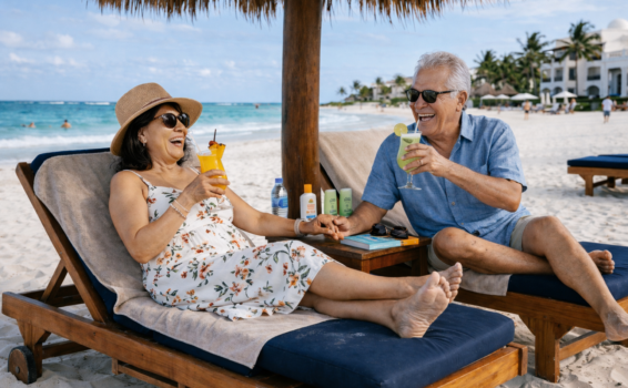 An older couple relaxes on lounge chairs under a beach umbrella, laughing and holding colorful drinks. Enjoying the benefits of slow travel, they soak in the ocean view and palm trees while wearing summer clothes and sunglasses.