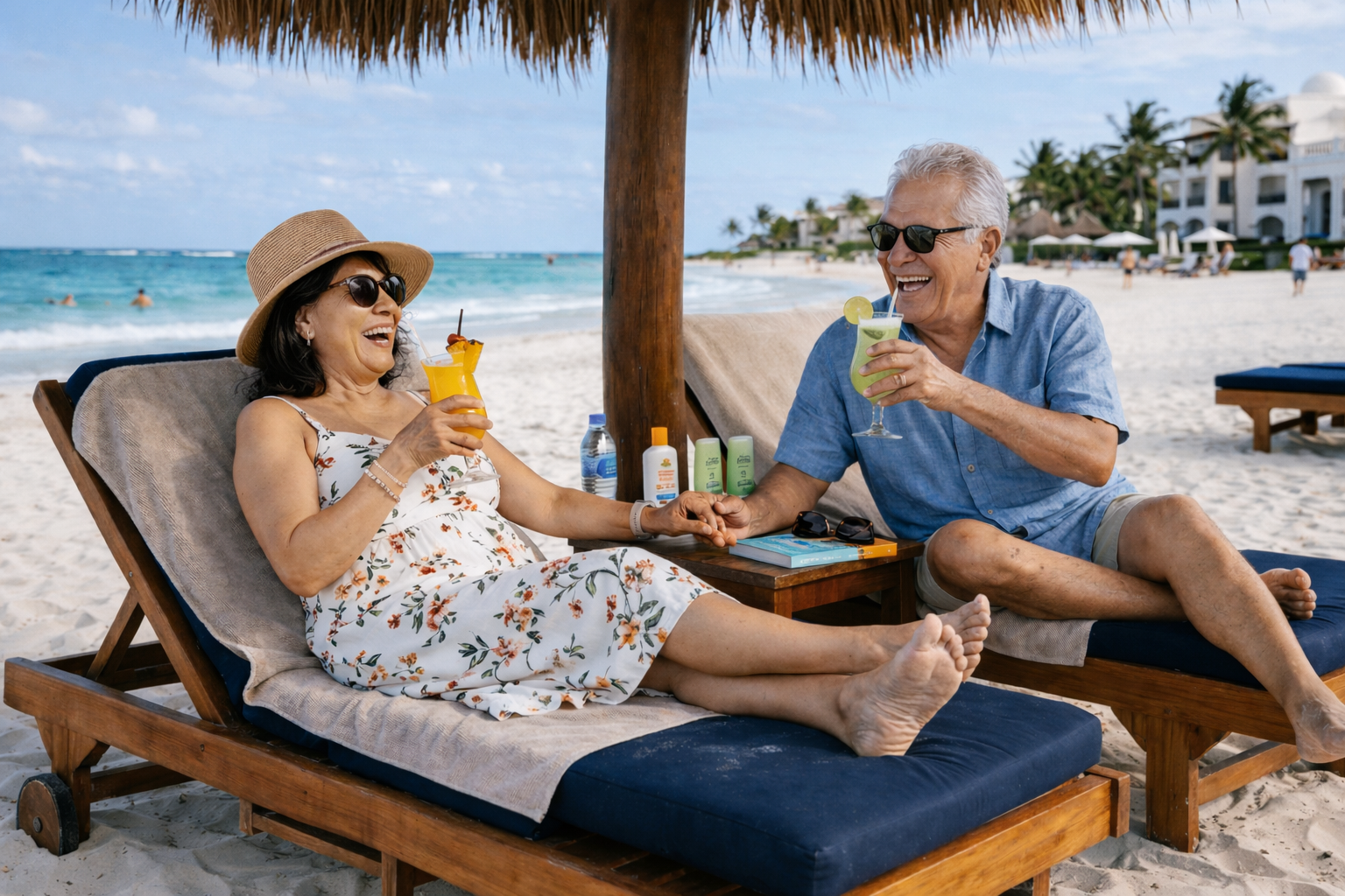 An older couple relaxes on lounge chairs under a beach umbrella, laughing and holding colorful drinks. Enjoying the benefits of slow travel, they soak in the ocean view and palm trees while wearing summer clothes and sunglasses.