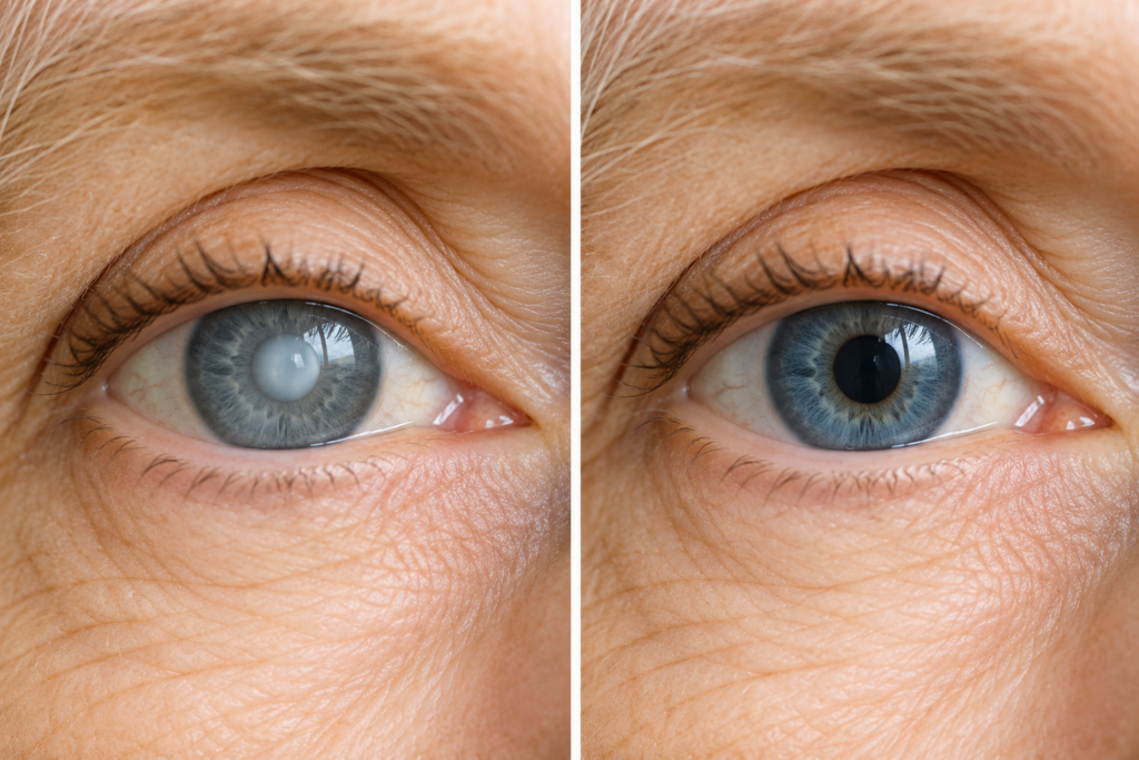 Close-up of two blue eyes side by side: the left eye has a cloudy, opaque lens indicative of a cataract, while the right is clear and healthy—a visible contrast often seen before and after cataract surgery recovery. Fine wrinkles surround both eyes.