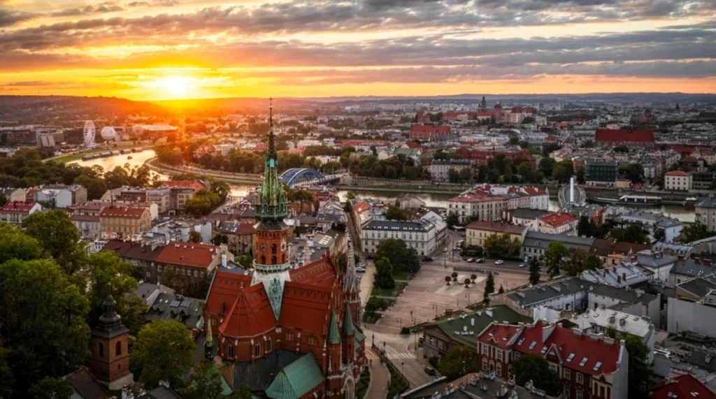 Aerial view of Krakow, Poland at sunset, featuring historic buildings, a prominent red-brick church with a tall spire, the winding Vistula River, and a dramatic sky with sun rays peeking through clouds.