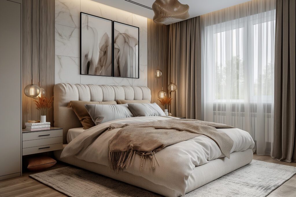 Modern bedroom with a plush bed, neutral bedding, soft throw blanket, bedside tables with lamps, abstract wall art, sheer curtains, and warm natural lighting from a large window reflects the latest bedroom design trends.