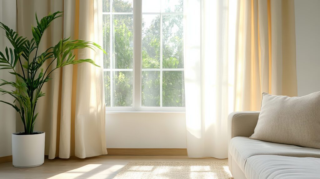 A bright living room with a large window, sheer cream curtains, a beige sofa with cushions, a green potted plant, and sunlight streaming onto a light rug and wooden floor. Trees are visible outside.