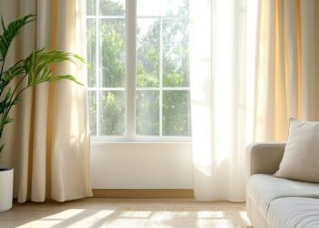 A bright living room with a large window, sheer cream curtains, a beige sofa with cushions, a green potted plant, and sunlight streaming onto a light rug and wooden floor. Trees are visible outside.