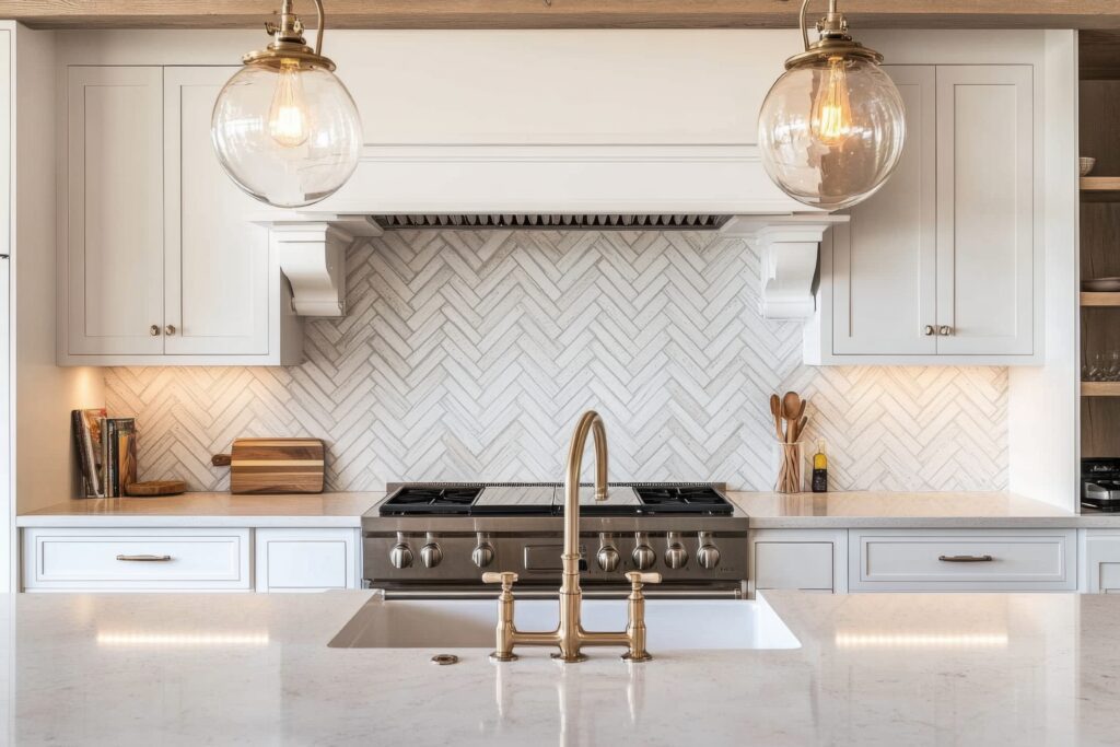 Modern kitchen with white cabinets, a herringbone kitchen backsplash idea, stainless steel stove, and a marble island with built-in sink and gold faucet. Two large glass pendant lights hang overhead.
