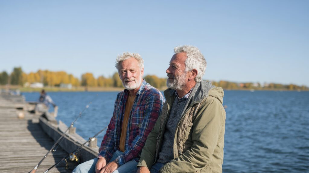 Two older men sit on a wooden dock by a lake with fishing rods, talking and smiling. Surrounded by autumn foliage and a blue sky, they enjoy a perfect day of fishing for beginners and pros alike.