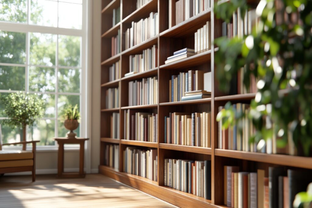 A sunlit room features large bookshelves filled with books, a cozy chair, a side table with a potted plant, and a large window letting in natural light. A leafy plant is partially visible in the foreground.