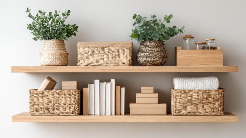 Two wooden shelves with wicker baskets, potted green plants, glass jars, stacked books, and small boxes arranged neatly against a light-colored wall—perfect inspiration for your 30-Day Declutter Challenge.