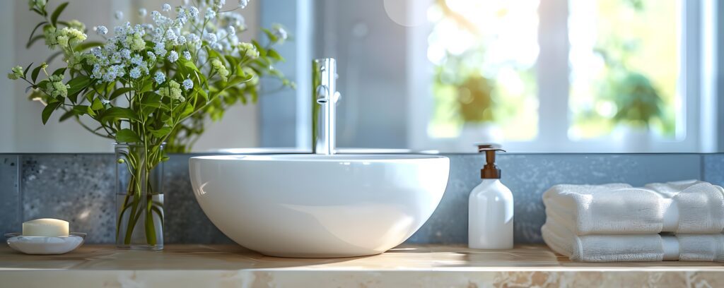 A modern bathroom sink with a round white basin, a silver faucet, a vase of white flowers, a soap dispenser, a small candle, and neatly folded white towels on a marble countertop. Sunlight streams in from a window.