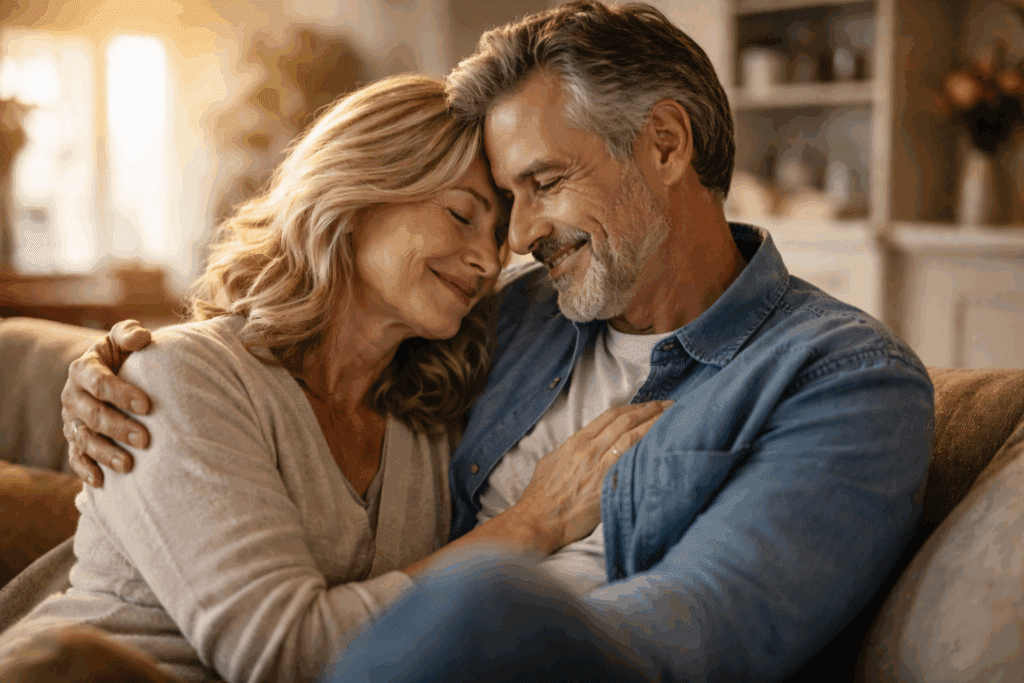A man and woman hugging each other, showing how desire gets better with age.