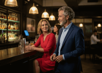A woman in a red dress sits at a bar, holding a drink and smiling at a man in a blue suit—an inviting scene from A Man’s Guide to Dating After 50—while the warmly lit bar shelves gleam behind them.
