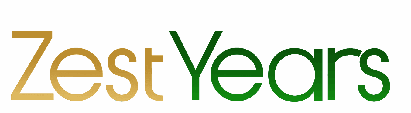 The image displays the words Zest Years with Zest in a gradient gold color and Years in a gradient green color, both in a modern, sans-serif font on a white background.