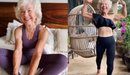 A smiling older woman in workout clothes sits on a bed stretching in one photo, and flexes her arms, smiling confidently outdoors near a hanging chair and flowers—true fitness inspiration for women over 55.