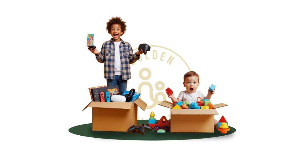 Two children play with toys; the older child stands smiling with video game controllers—perhaps dreaming of an award application—while the younger sits among colorful blocks and cars, both next to open boxes filled with toys.