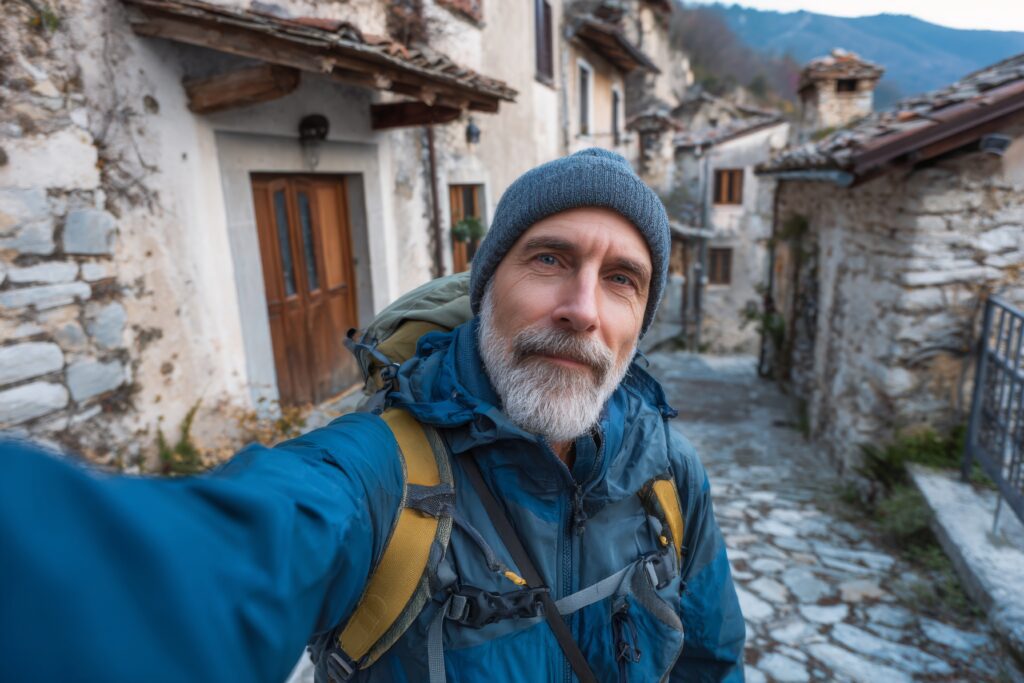 A man with a gray beard wearing a blue jacket, gray knit hat, and backpack takes a selfie in a narrow, stone-paved alley of an old village with rustic stone buildings and wooden doors.