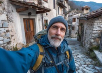 A man with a gray beard wearing a blue jacket, gray knit hat, and backpack takes a selfie in a narrow, stone-paved alley of an old village with rustic stone buildings and wooden doors.