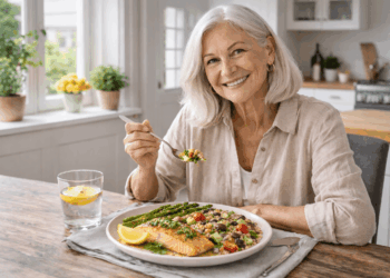 Smiling older woman with gray hair sits at a kitchen table, enjoying food as medicine. In front of her is a plate with salmon, asparagus, and salad, plus a glass of lemon water. The bright kitchen features potted plants in the background.