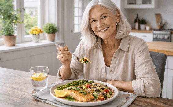 Smiling older woman with gray hair sits at a kitchen table, enjoying food as medicine. In front of her is a plate with salmon, asparagus, and salad, plus a glass of lemon water. The bright kitchen features potted plants in the background.