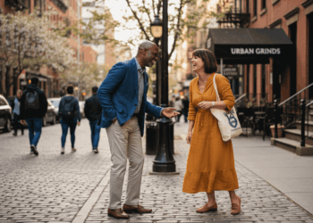 A man in a blue blazer and a woman in an orange dress laugh together on a cobblestone city street, with people walking by and the café Urban Grinds visible—a perfect scene from A Man’s Guide to Dating After 50.