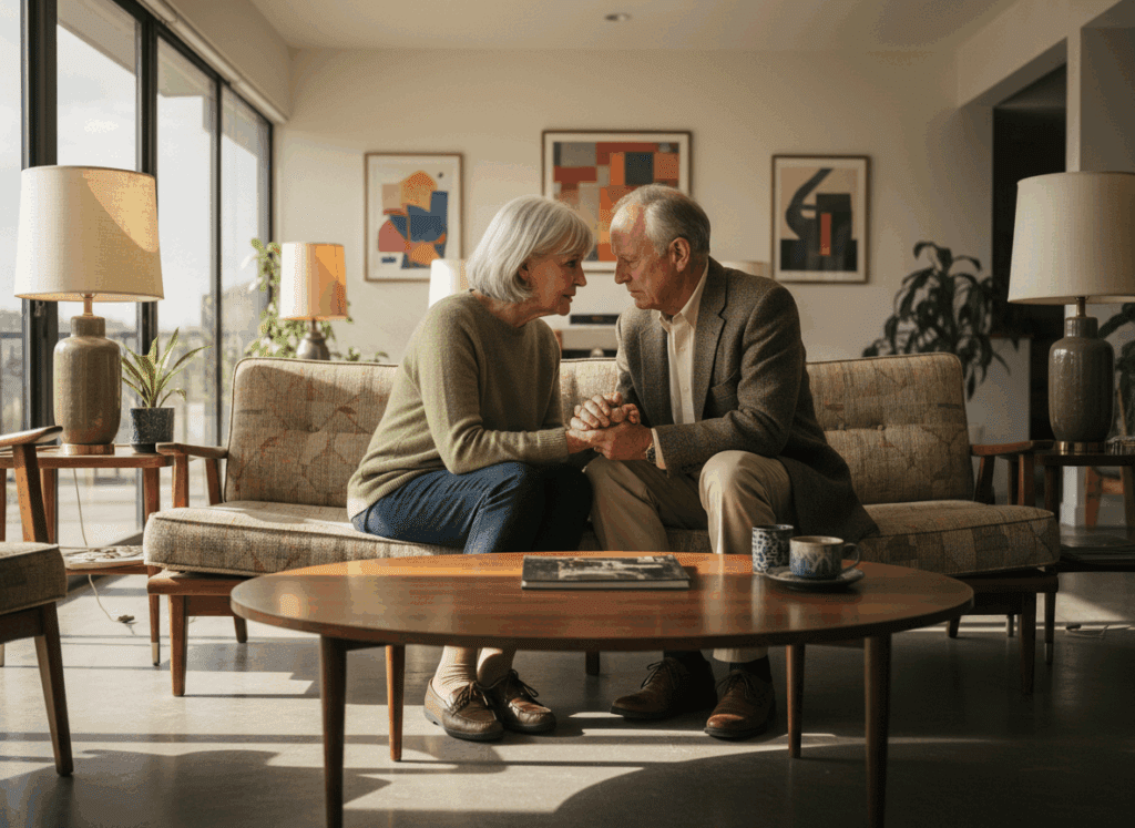An elderly couple sits closely on a mid-century style sofa, holding hands and smiling warmly at each other in a sunlit, modern living room with framed art and houseplants in the background.