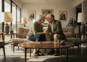 An elderly couple sits closely on a mid-century style sofa, holding hands and smiling warmly at each other in a sunlit, modern living room with framed art and houseplants in the background.