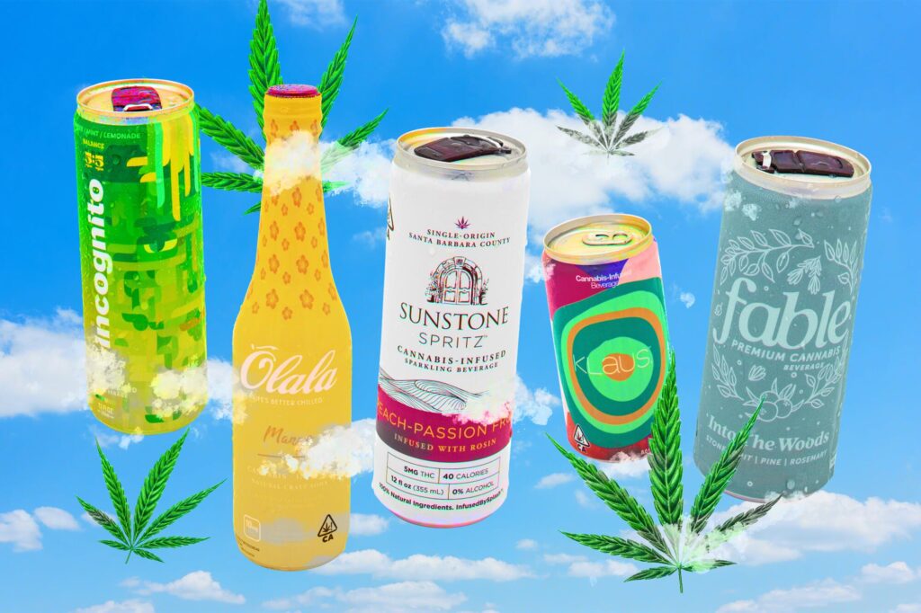 Five colorful cannabis-infused beverage cans and bottles float against a blue sky with clouds, surrounded by illustrated cannabis leaves, evoking the refreshing vibe of low-alcohol wine alternatives.