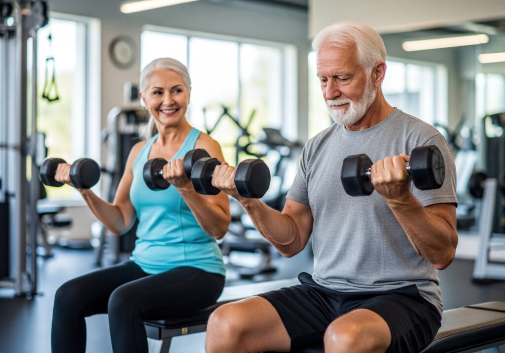 An older man and woman sit on benches in a gym, smiling and lifting dumbbells. Both wear athletic clothing and appear to be enjoying their workout together. Fitness equipment is visible in the background.