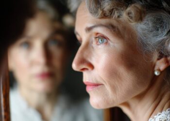 Close-up of an older woman with gray curly hair and pearl earrings, gazing thoughtfully out of frame with her reflection visible in a mirror beside her.