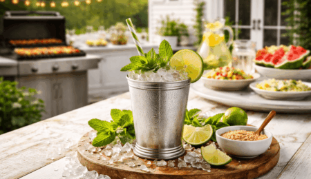 An easy mint julep recipe shines in a silver cup with crushed ice, mint leaves, lime wedges, and a striped straw on a wooden board beside brown sugar, set against a summer outdoor meal backdrop.