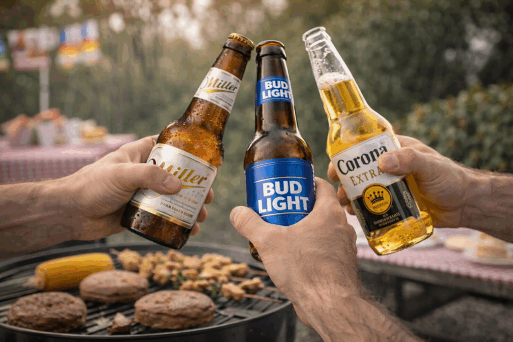 Three hands clink bottles of Miller Lite, Bud Light, and Corona Extra—classic go-to beers by state—over a barbecue grill sizzling with burgers, corn, and skewers in a relaxed outdoor setting.