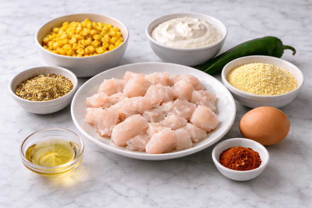 A bowl of raw, cubed cod fish—perfect for an easy cod fritters recipe—is surrounded by bowls of corn, cornmeal, spices, creamy sauce, cooking oil, an egg, and a green chili pepper on a marble surface.