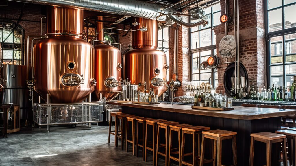 A modern brewery featuring large copper brewing tanks, a long wooden bar with stools, glass bottles of microbrews on the counter, brick walls, and expansive windows bathing the space in natural light.