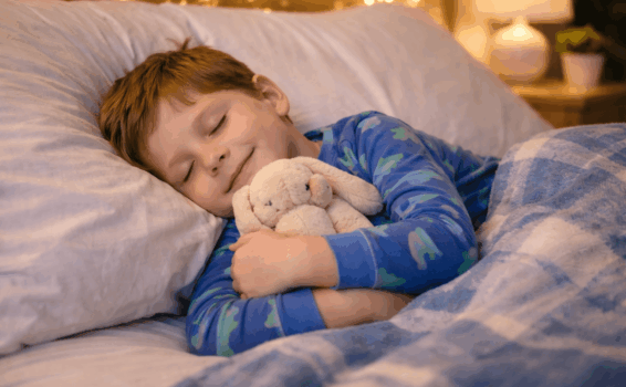 A young child in blue pajamas is lying in bed under a plaid blanket, smiling with eyes closed and hugging a plush bunny—a perfect moment during overnight visits with grandchildren. Warm lighting and soft decor create a cozy, peaceful bedtime scene.