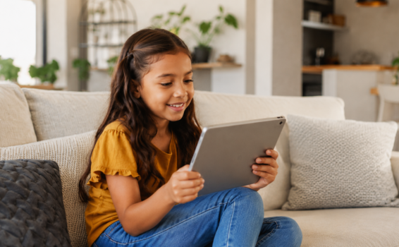 A young girl with long brown hair, wearing a yellow shirt and jeans, sits on a beige couch smiling while enjoying screen time on her tablet in a cozy living room with plants—just one of the ways grandkids unwind these days.