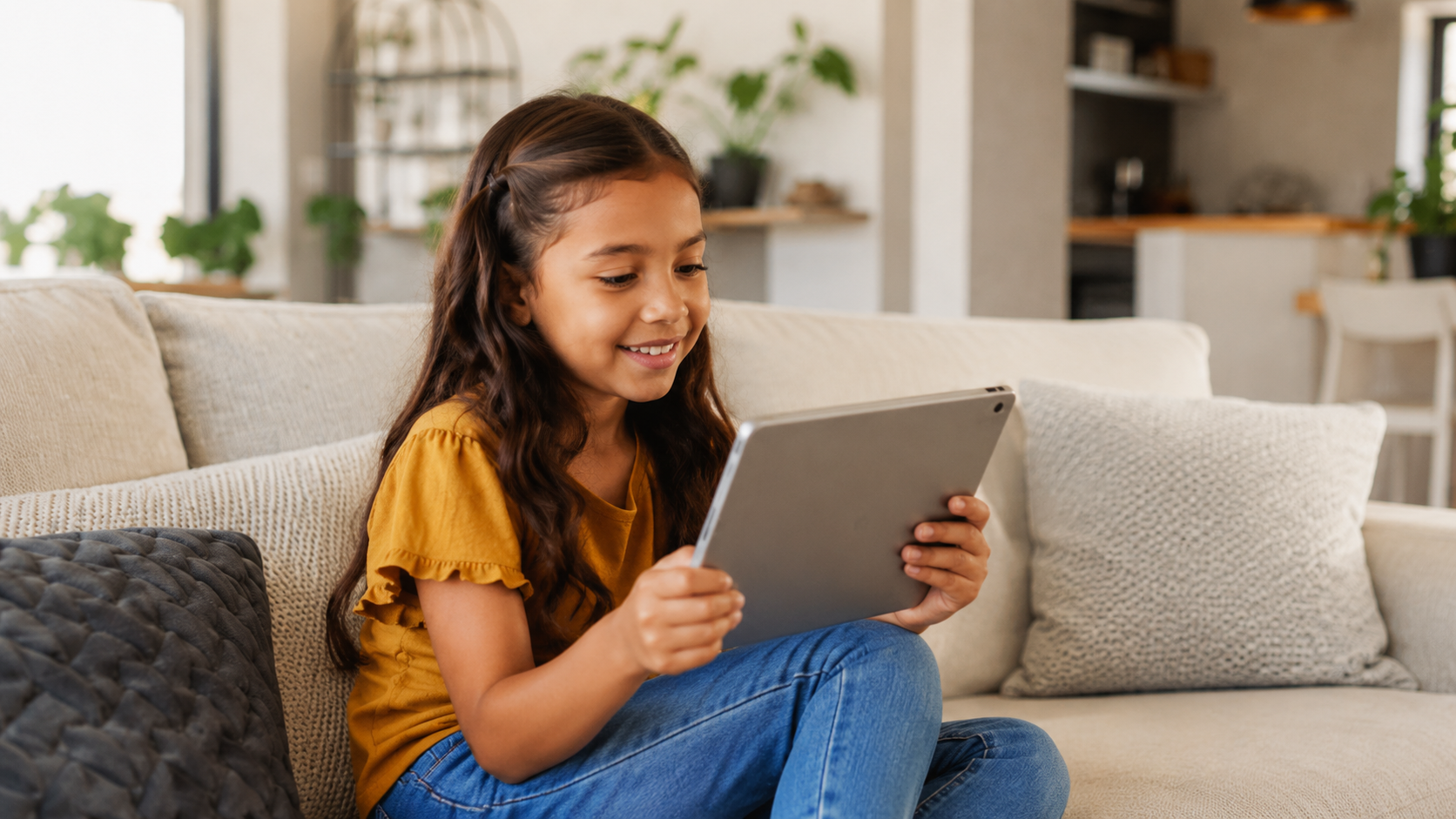 A young girl with long brown hair, wearing a yellow shirt and jeans, sits on a beige couch smiling while enjoying screen time on her tablet in a cozy living room with plants—just one of the ways grandkids unwind these days.