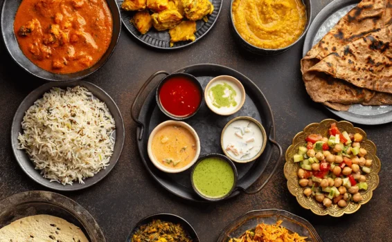 A variety of Indian foods on a dark table, including rice, curry, flatbread, grilled chicken, lentil stew, sauces, salad, and chutneys, all beautifully arranged in bowls and plates.