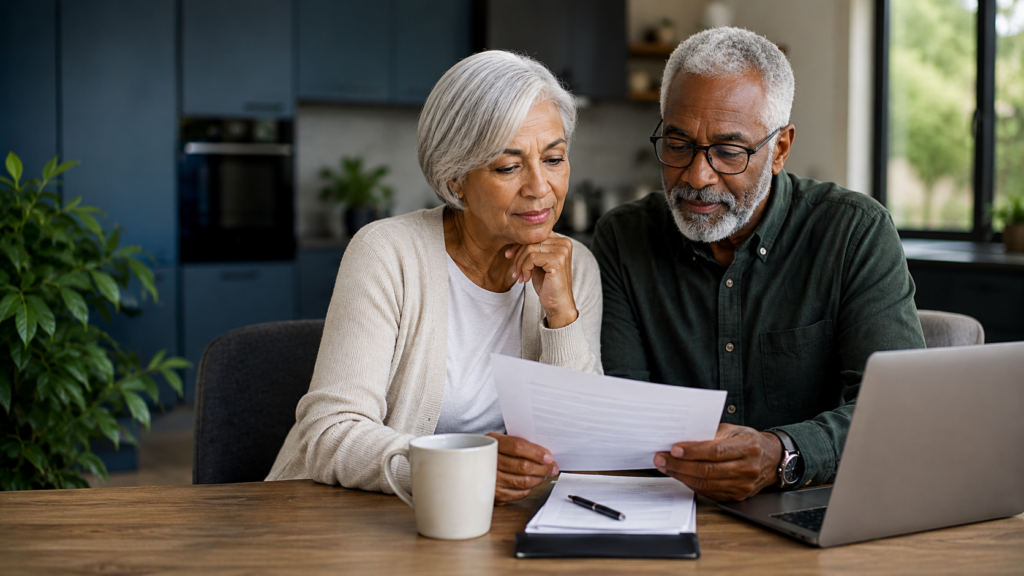 An older couple in a long term relationship without marriage sits at a table, focused on reviewing finances or important paperwork together. A laptop, mug, and notepad rest on the table in their modern kitchen.
