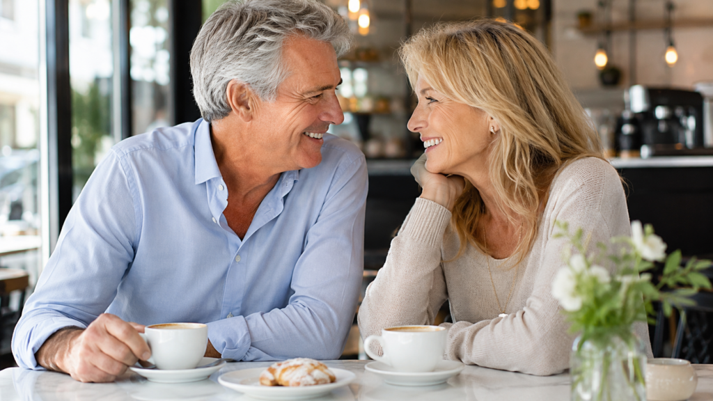 A smiling older couple sits at a cafe table with coffee cups and a pastry, gazing happily at each other. The cozy, warmly lit cafe with flowers on the table reflects the comfort of their long term relationship without marriage.