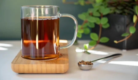 A clear glass mug of caffeine free tea sits on a wooden coaster, with a metal spoon holding loose tea leaves beside it. A leafy green plant in a black pot is in the background on a white surface.